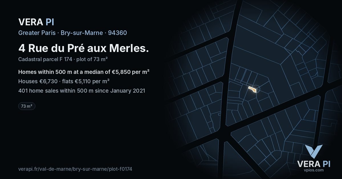 4 Rue du Pré aux Merles, Bry-sur-Marne at night – the plot lit, the parcels around coloured by the prices near them
