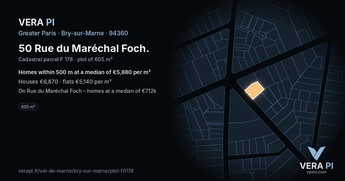 50 Rue du Maréchal Foch, Bry-sur-Marne at night – the plot lit, the parcels around coloured by the prices near them