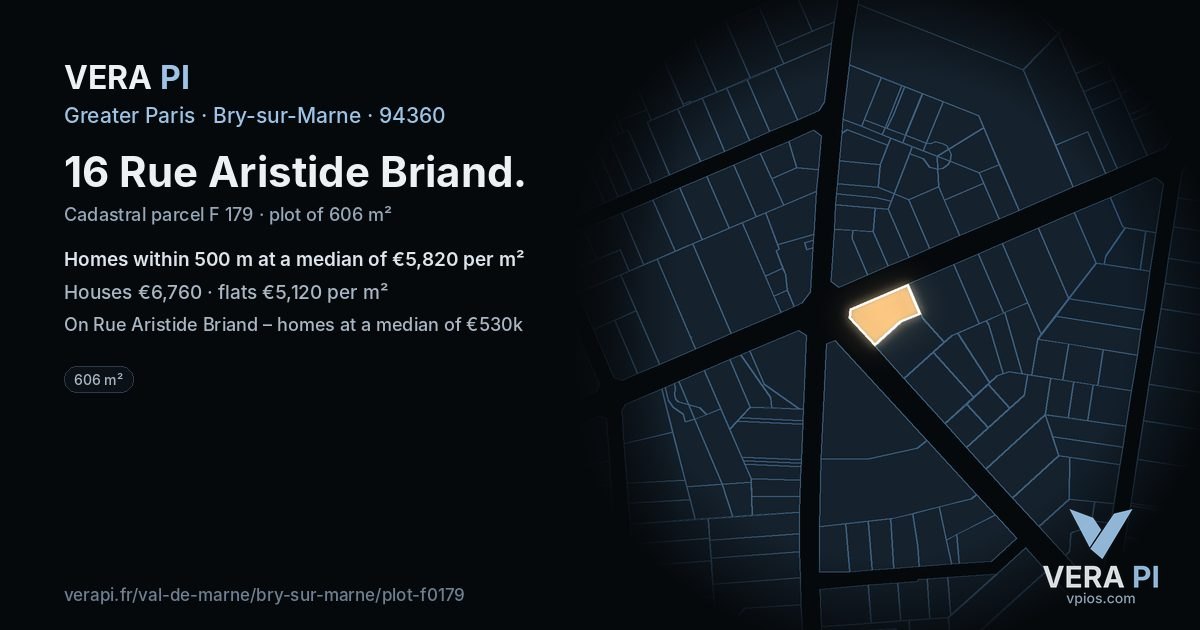 16 Rue Aristide Briand, Bry-sur-Marne at night – the plot lit, the parcels around coloured by the prices near them