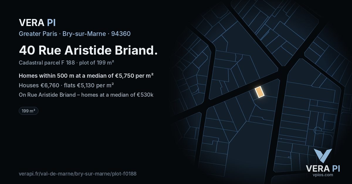 40 Rue Aristide Briand, Bry-sur-Marne at night – the plot lit, the parcels around coloured by the prices near them