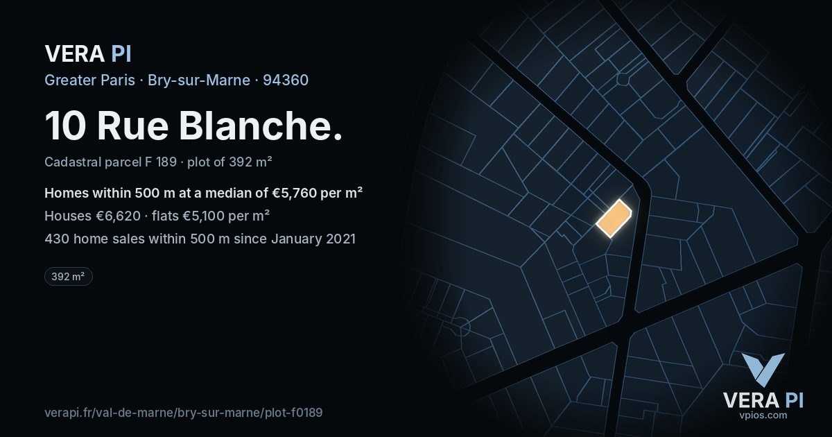 10 Rue Blanche, Bry-sur-Marne at night – the plot lit, the parcels around coloured by the prices near them