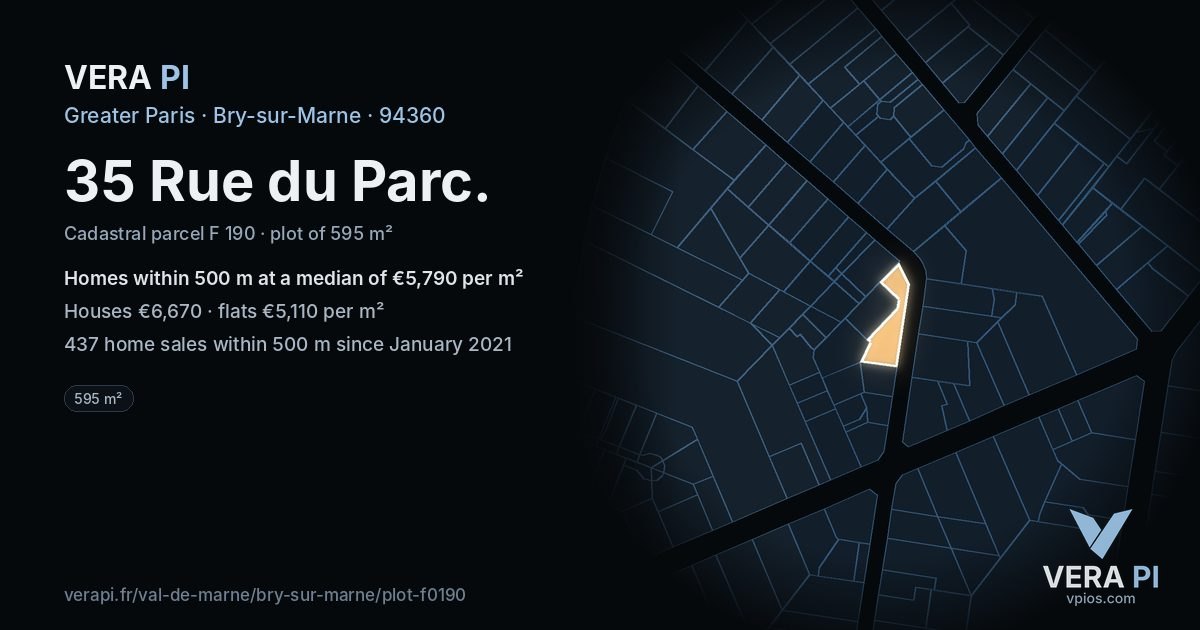 35 Rue du Parc, Bry-sur-Marne at night – the plot lit, the parcels around coloured by the prices near them
