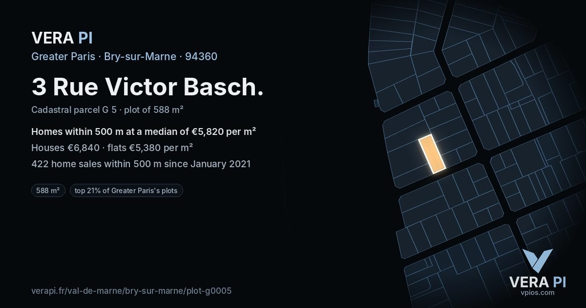3 Rue Victor Basch, Bry-sur-Marne at night – the plot lit, the parcels around coloured by the prices near them