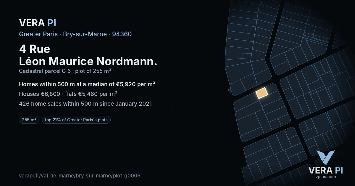 4 Rue Léon Maurice Nordmann, Bry-sur-Marne at night – the plot lit, the parcels around coloured by the prices near them