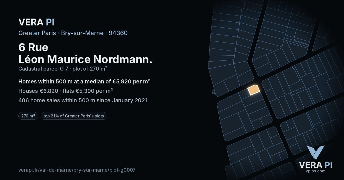 6 Rue Léon Maurice Nordmann, Bry-sur-Marne at night – the plot lit, the parcels around coloured by the prices near them