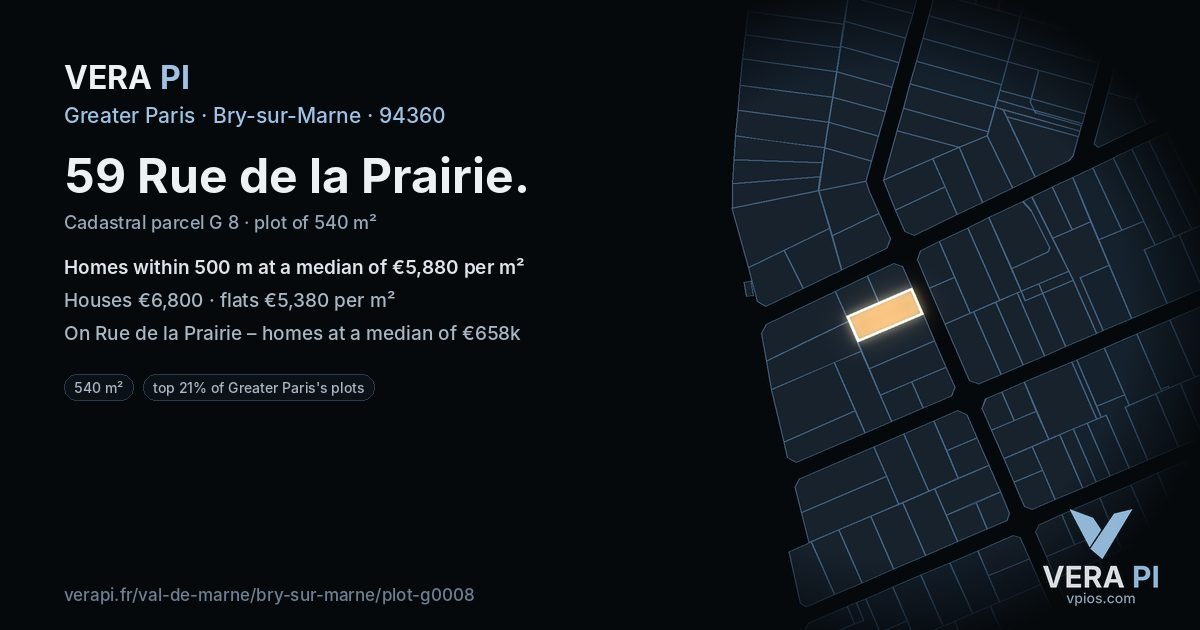 59 Rue de la Prairie, Bry-sur-Marne at night – the plot lit, the parcels around coloured by the prices near them