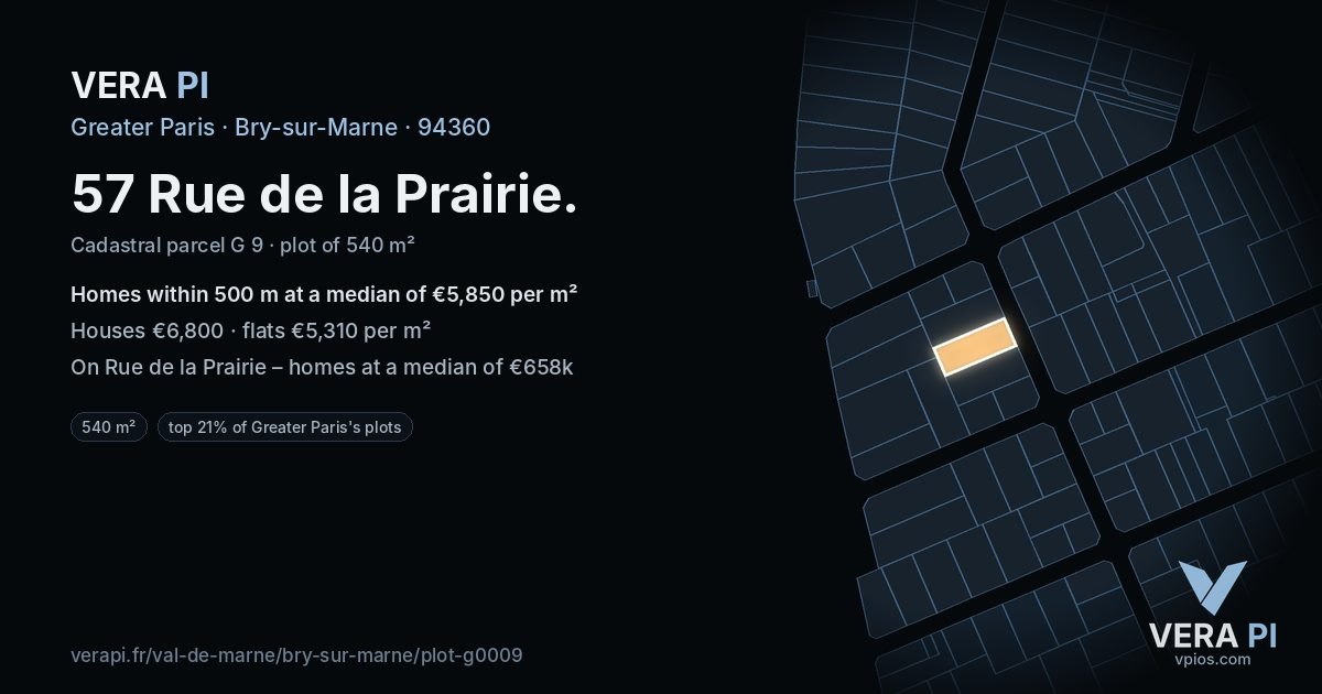 57 Rue de la Prairie, Bry-sur-Marne at night – the plot lit, the parcels around coloured by the prices near them