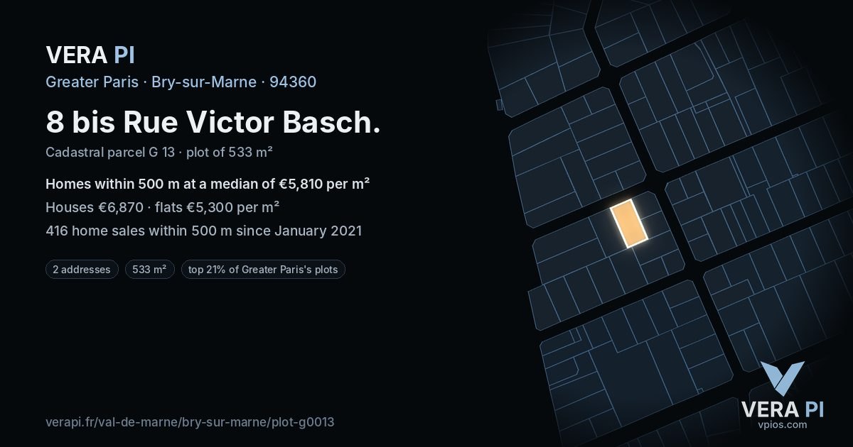8 bis Rue Victor Basch, Bry-sur-Marne at night – the plot lit, the parcels around coloured by the prices near them