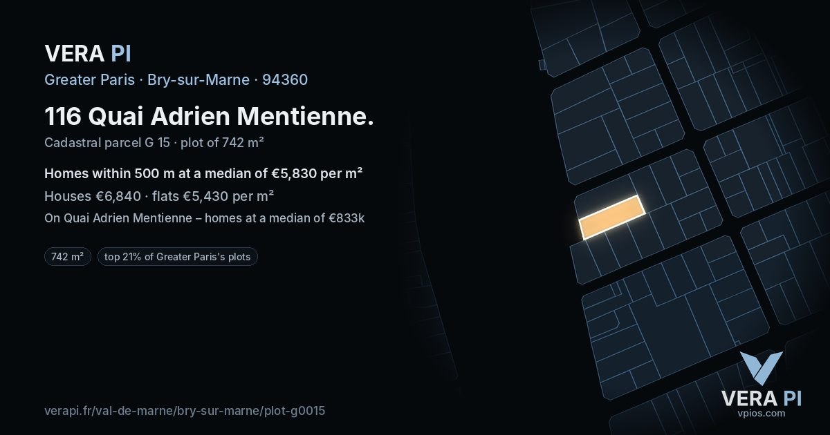 116 Quai Adrien Mentienne, Bry-sur-Marne at night – the plot lit, the parcels around coloured by the prices near them