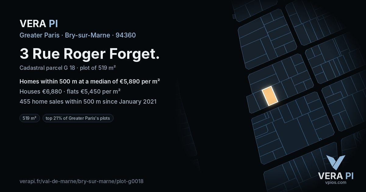 3 Rue Roger Forget, Bry-sur-Marne at night – the plot lit, the parcels around coloured by the prices near them