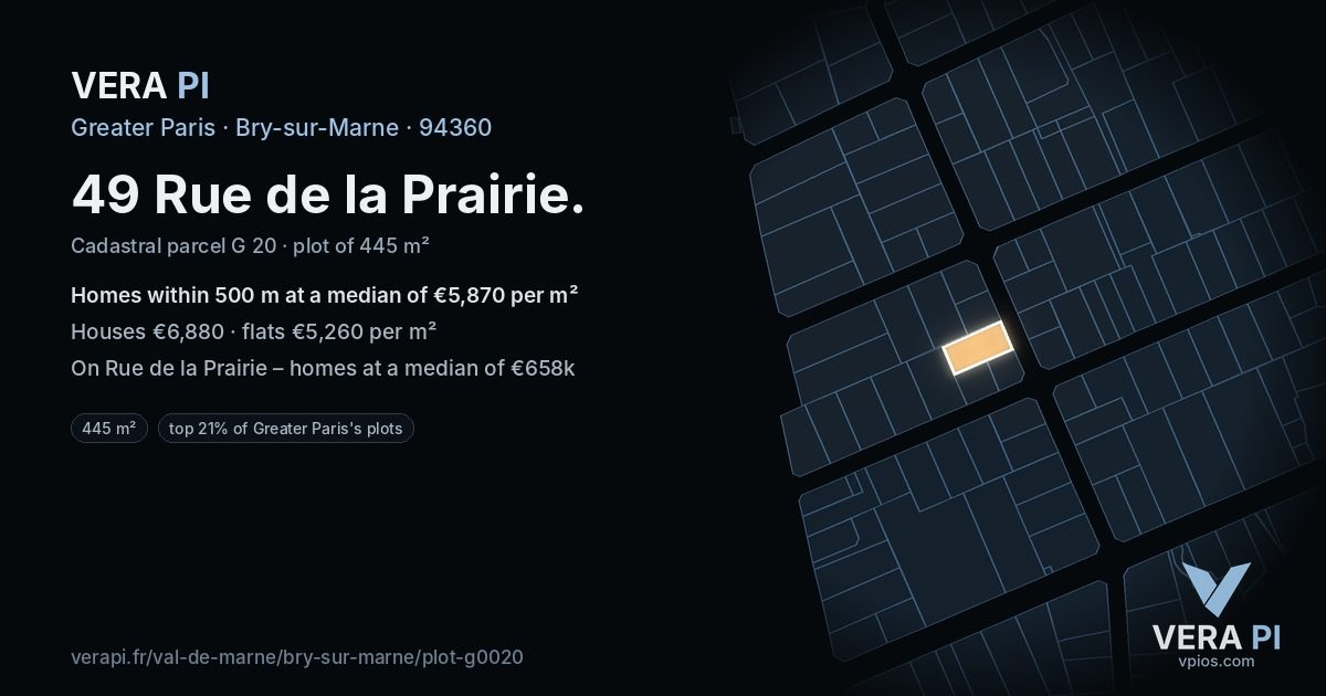 49 Rue de la Prairie, Bry-sur-Marne at night – the plot lit, the parcels around coloured by the prices near them