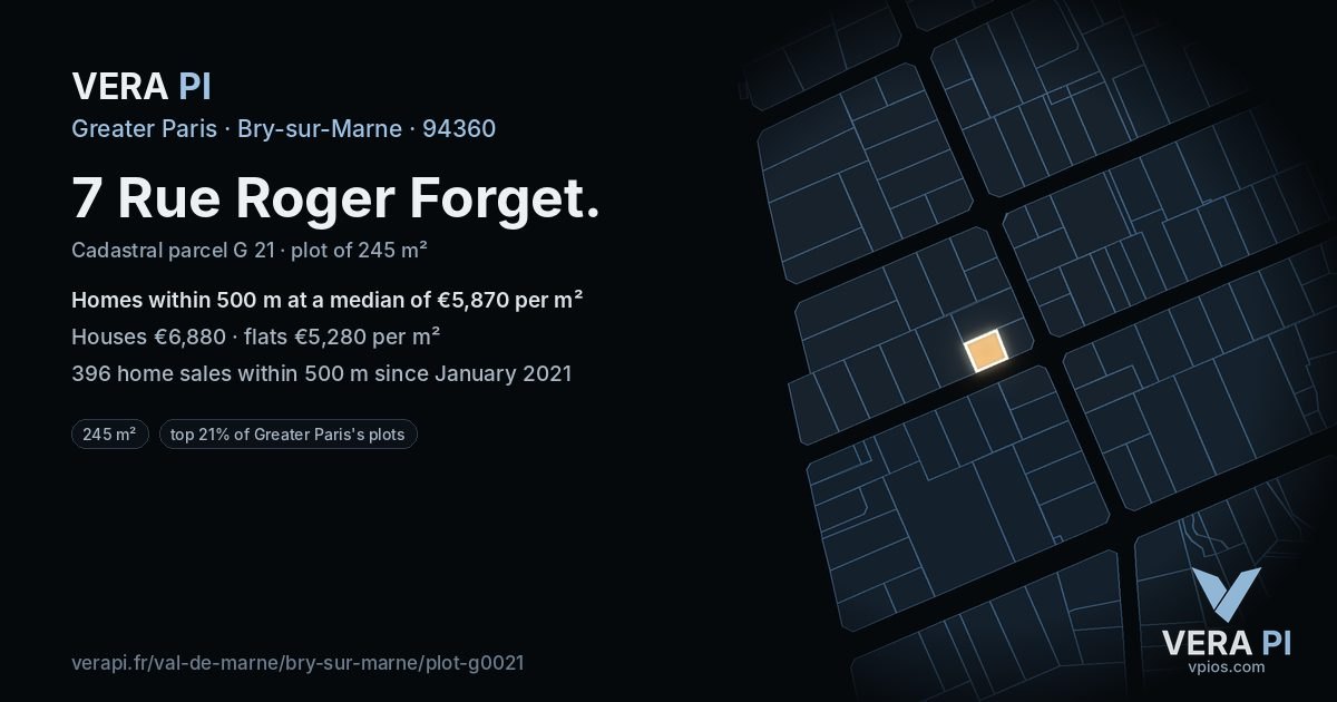 7 Rue Roger Forget, Bry-sur-Marne at night – the plot lit, the parcels around coloured by the prices near them