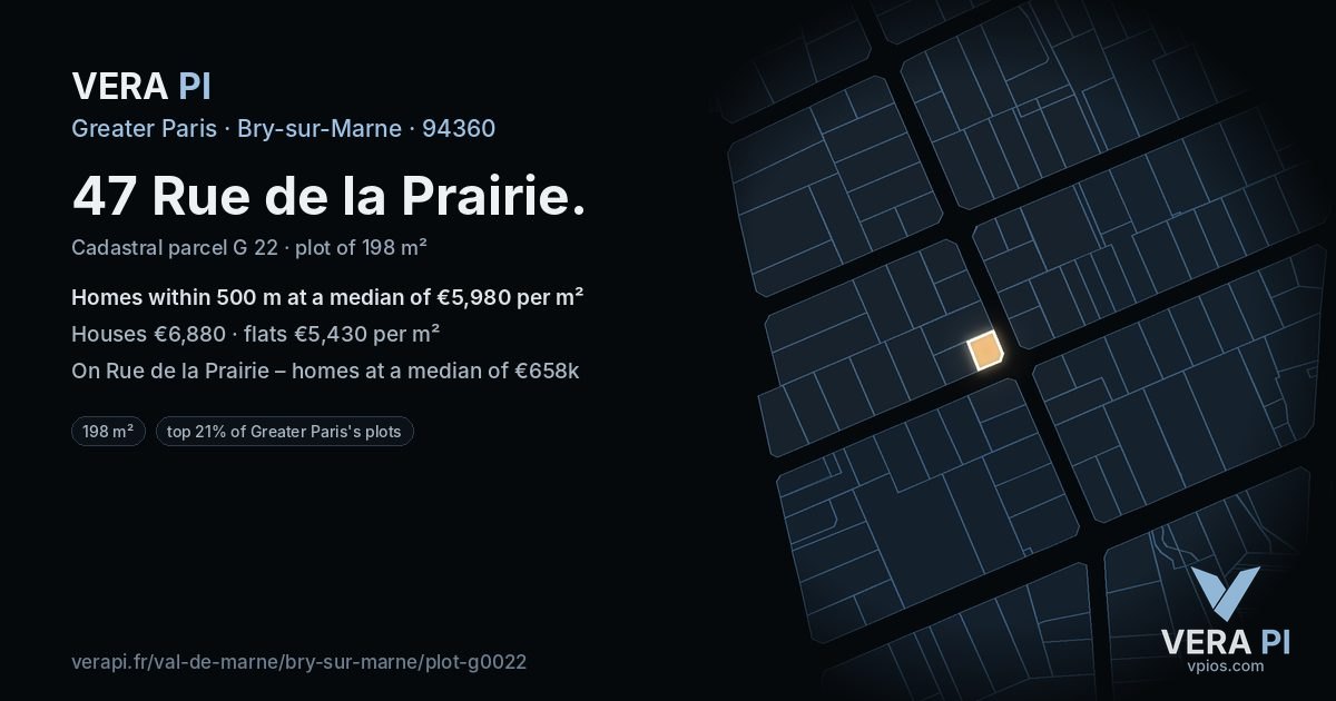47 Rue de la Prairie, Bry-sur-Marne at night – the plot lit, the parcels around coloured by the prices near them