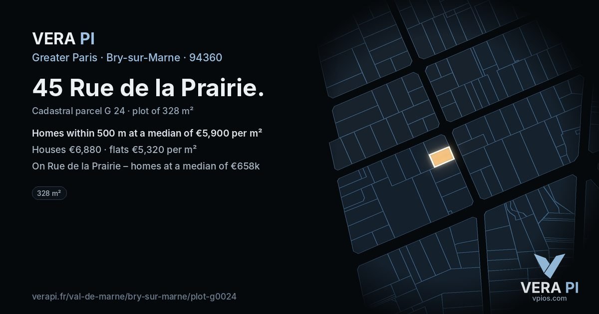 45 Rue de la Prairie, Bry-sur-Marne at night – the plot lit, the parcels around coloured by the prices near them