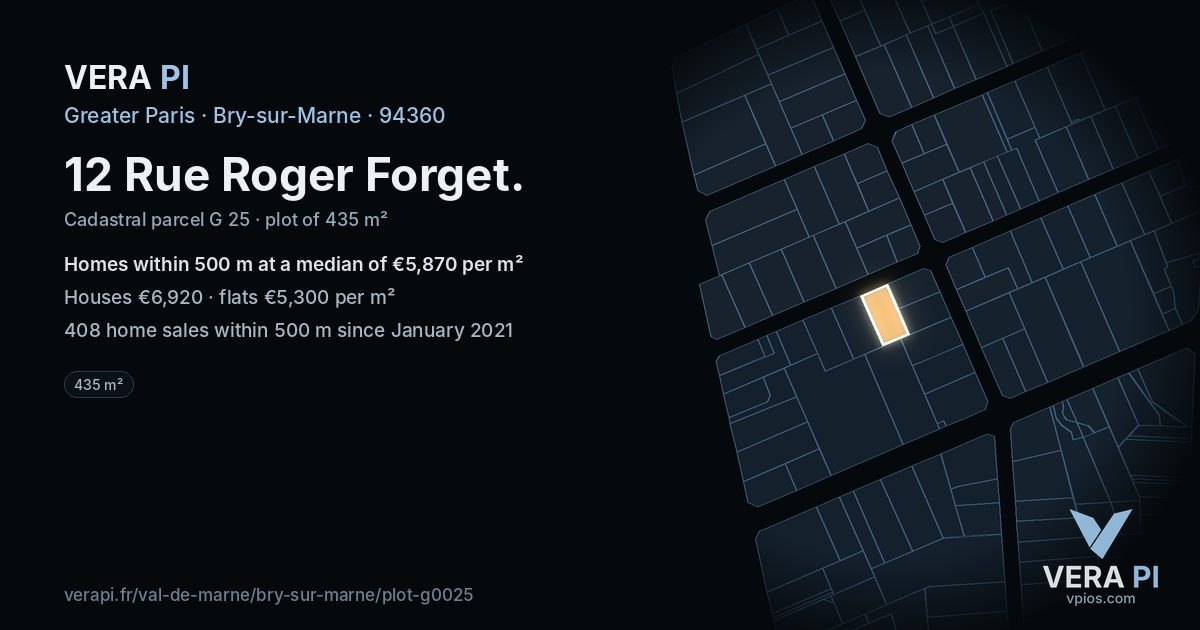 12 Rue Roger Forget, Bry-sur-Marne at night – the plot lit, the parcels around coloured by the prices near them