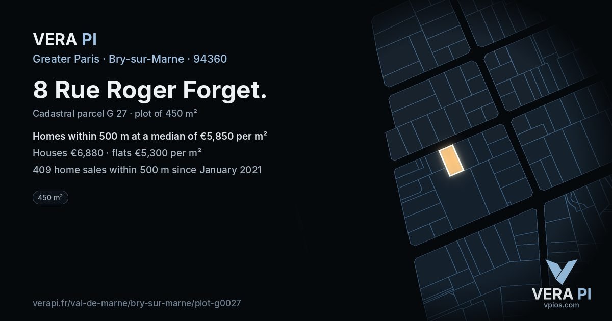 8 Rue Roger Forget, Bry-sur-Marne at night – the plot lit, the parcels around coloured by the prices near them