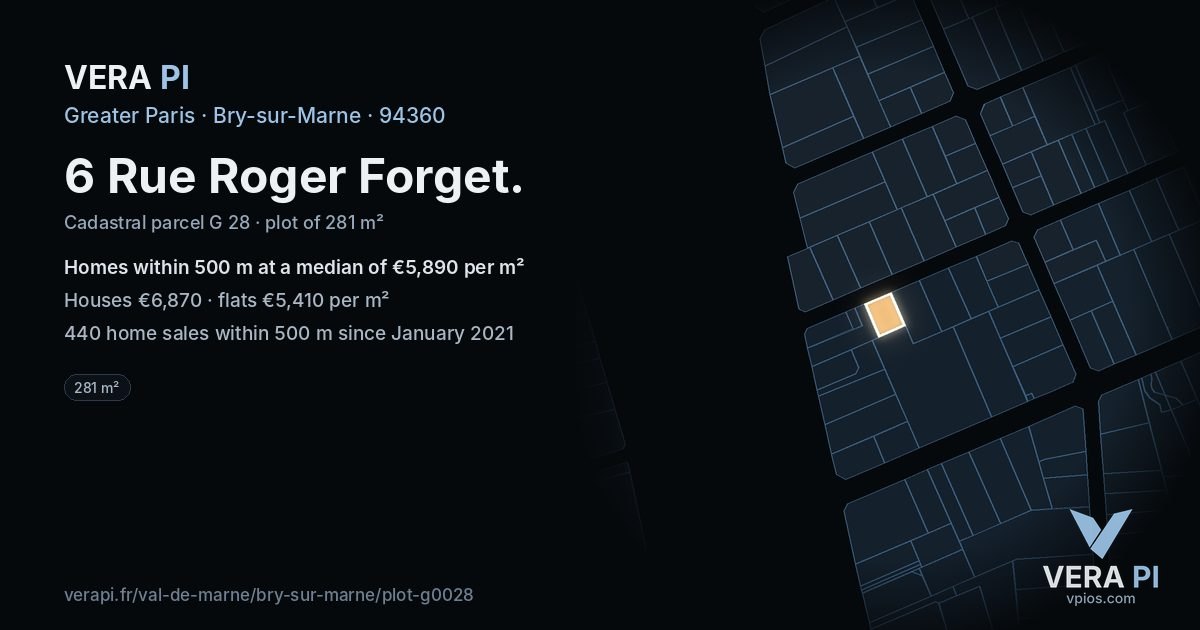 6 Rue Roger Forget, Bry-sur-Marne at night – the plot lit, the parcels around coloured by the prices near them