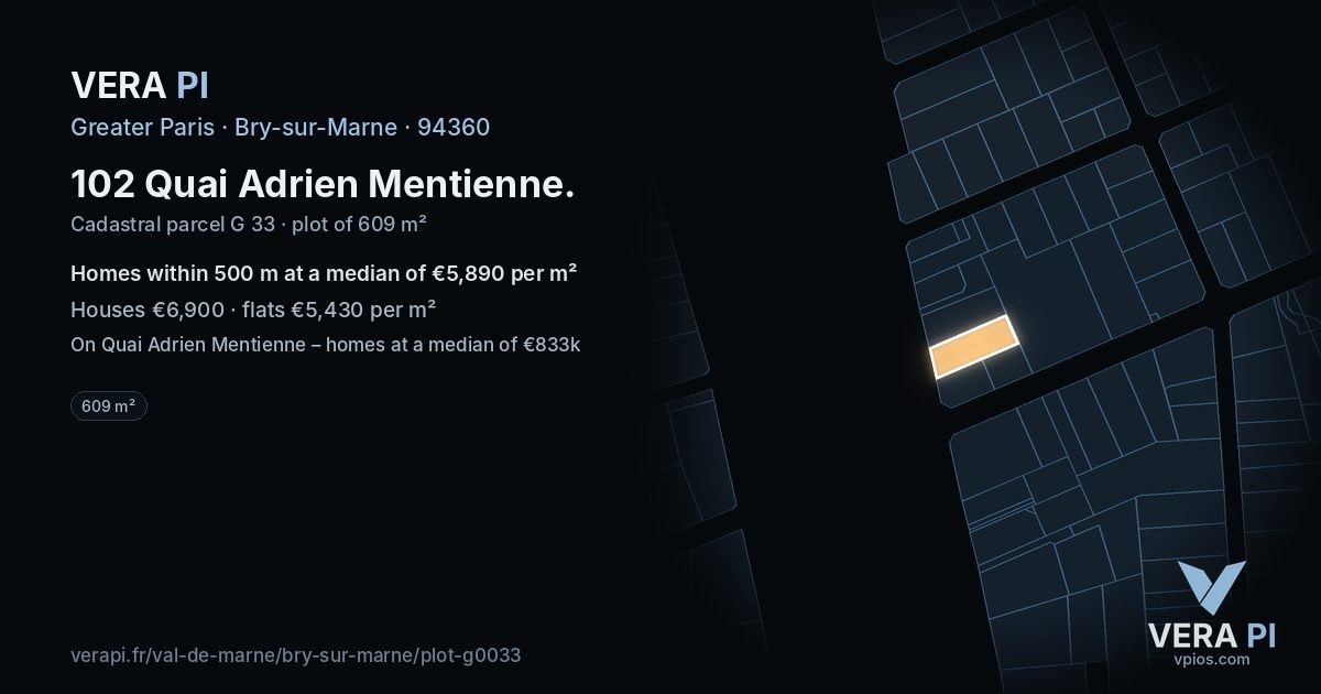 102 Quai Adrien Mentienne, Bry-sur-Marne at night – the plot lit, the parcels around coloured by the prices near them