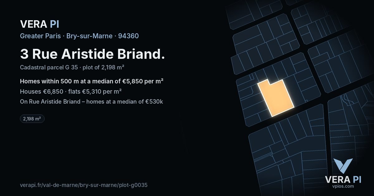 3 Rue Aristide Briand, Bry-sur-Marne at night – the plot lit, the parcels around coloured by the prices near them