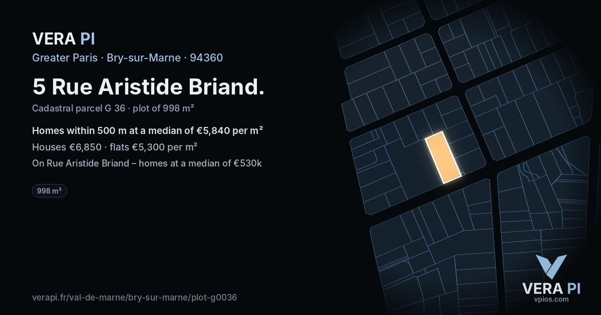 5 Rue Aristide Briand, Bry-sur-Marne at night – the plot lit, the parcels around coloured by the prices near them