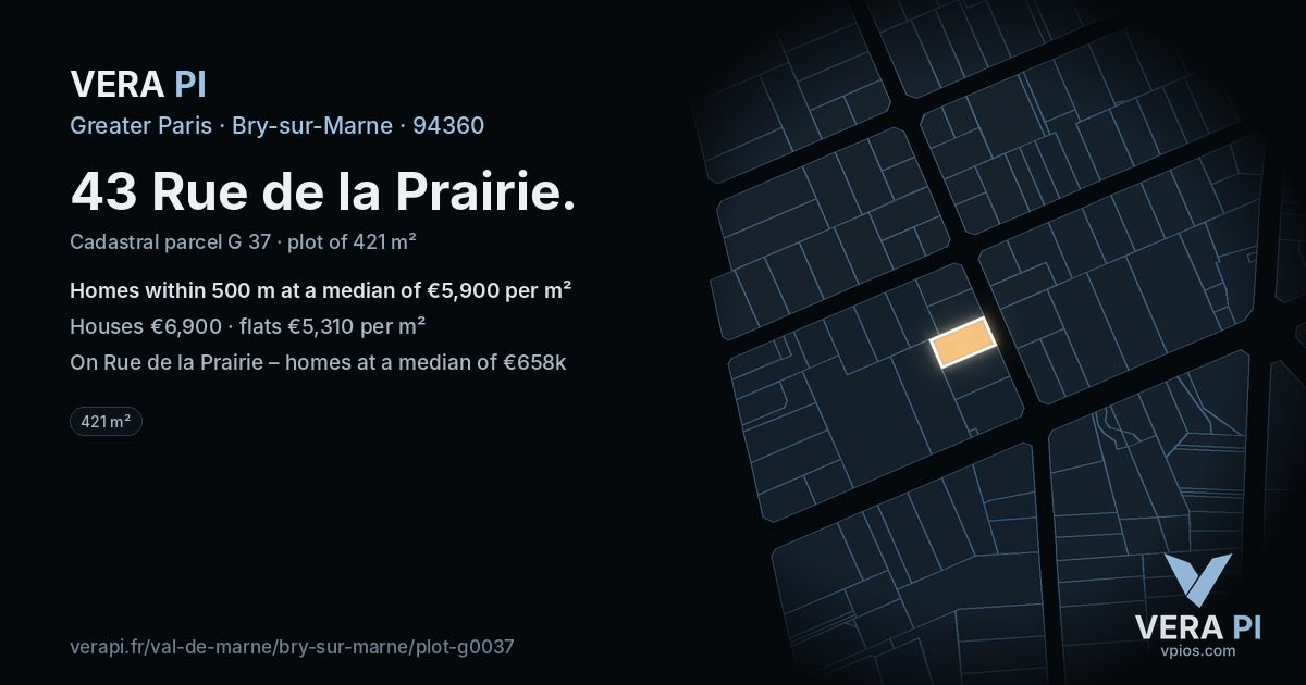 43 Rue de la Prairie, Bry-sur-Marne at night – the plot lit, the parcels around coloured by the prices near them