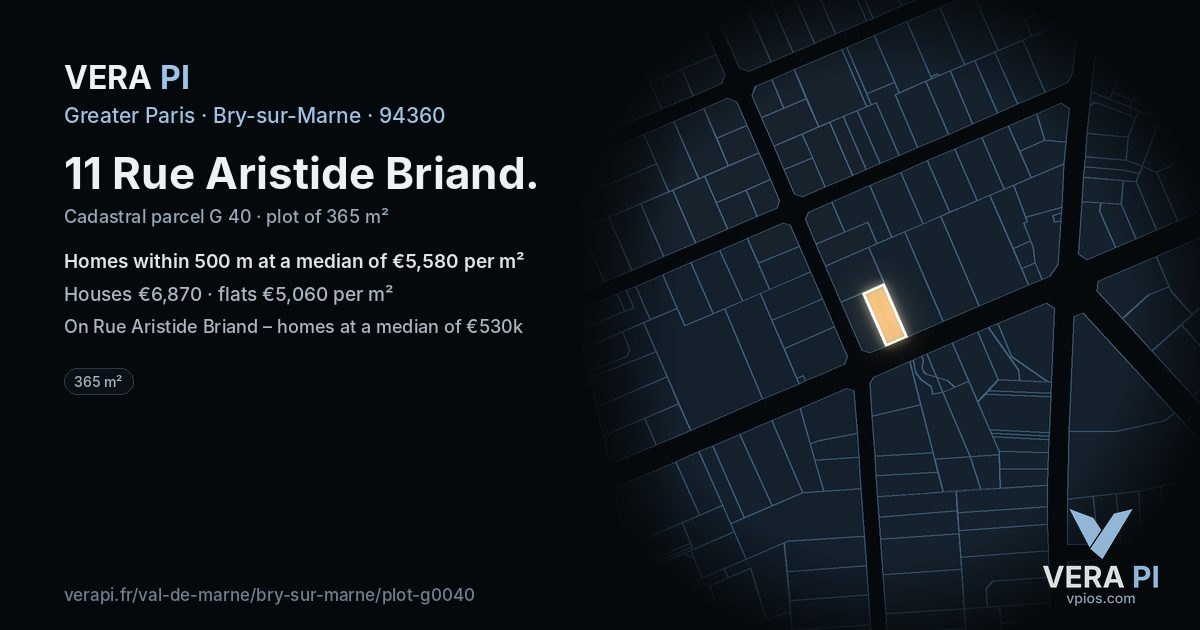 11 Rue Aristide Briand, Bry-sur-Marne at night – the plot lit, the parcels around coloured by the prices near them