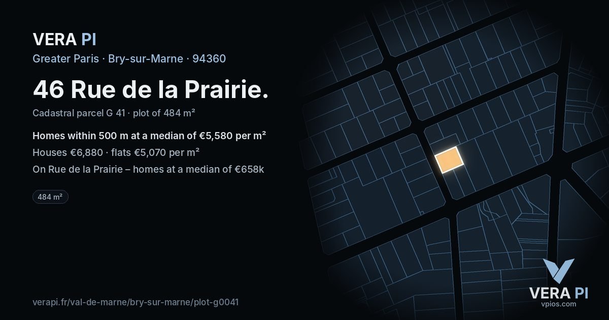 46 Rue de la Prairie, Bry-sur-Marne at night – the plot lit, the parcels around coloured by the prices near them