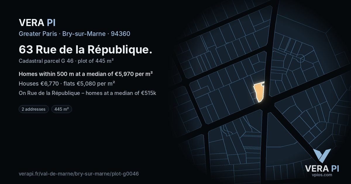 63 Rue de la République, Bry-sur-Marne at night – the plot lit, the parcels around coloured by the prices near them