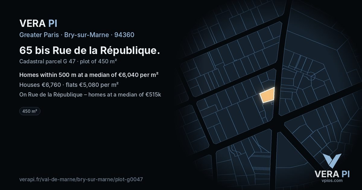 65 bis Rue de la République, Bry-sur-Marne at night – the plot lit, the parcels around coloured by the prices near them