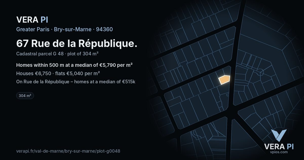 67 Rue de la République, Bry-sur-Marne at night – the plot lit, the parcels around coloured by the prices near them