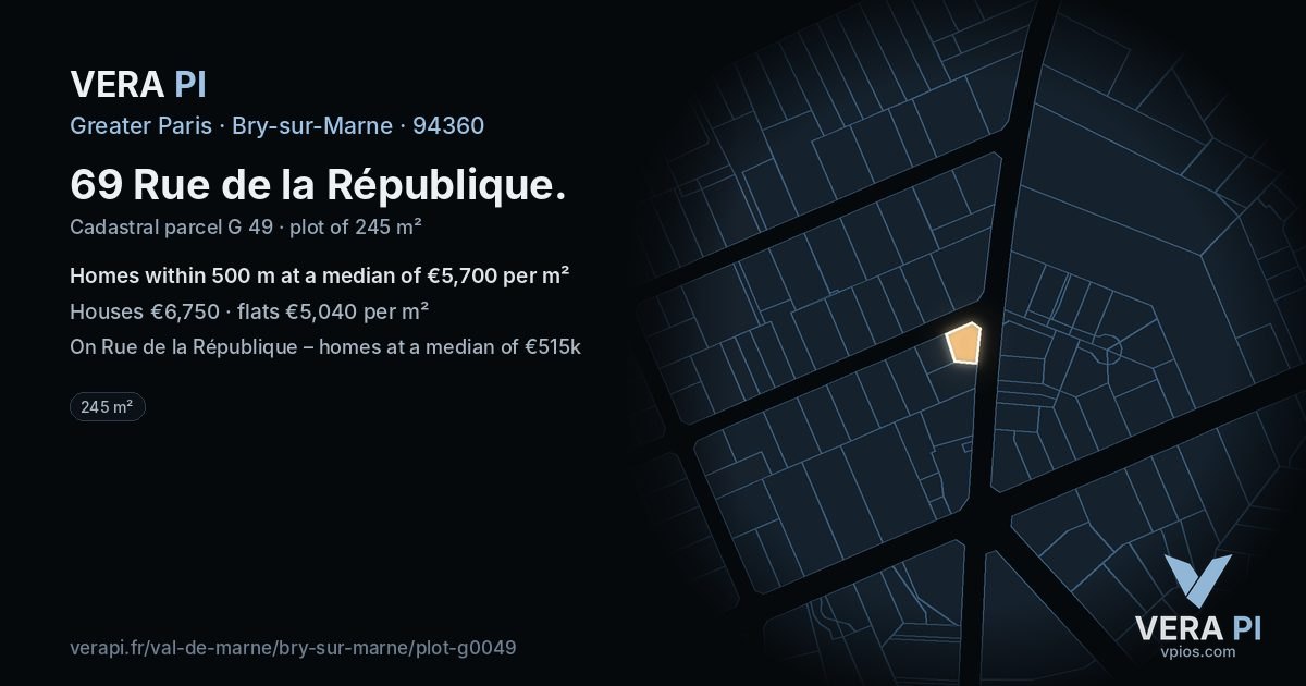 69 Rue de la République, Bry-sur-Marne at night – the plot lit, the parcels around coloured by the prices near them