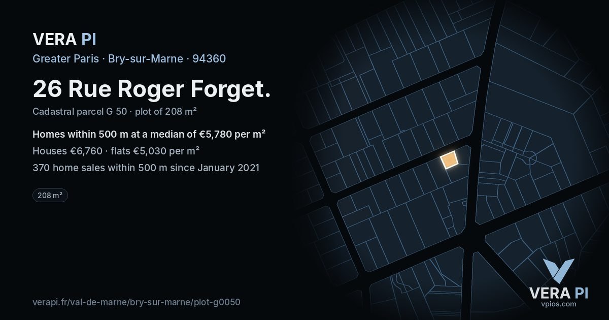 26 Rue Roger Forget, Bry-sur-Marne at night – the plot lit, the parcels around coloured by the prices near them