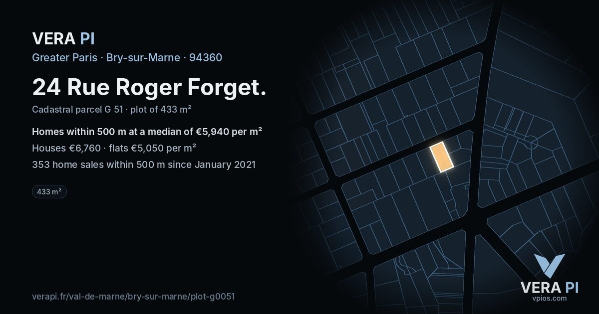 24 Rue Roger Forget, Bry-sur-Marne at night – the plot lit, the parcels around coloured by the prices near them