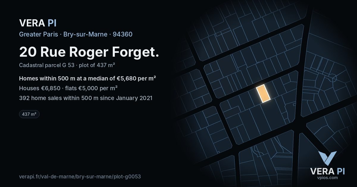 20 Rue Roger Forget, Bry-sur-Marne at night – the plot lit, the parcels around coloured by the prices near them