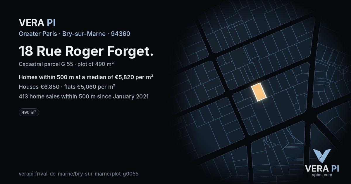 18 Rue Roger Forget, Bry-sur-Marne at night – the plot lit, the parcels around coloured by the prices near them