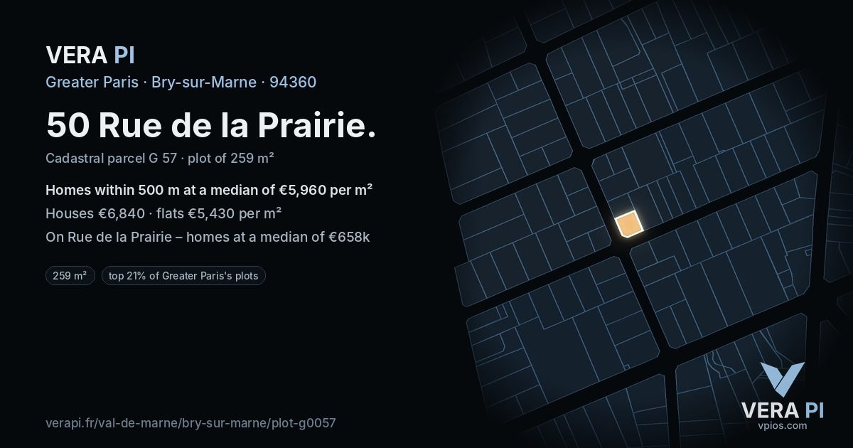50 Rue de la Prairie, Bry-sur-Marne at night – the plot lit, the parcels around coloured by the prices near them