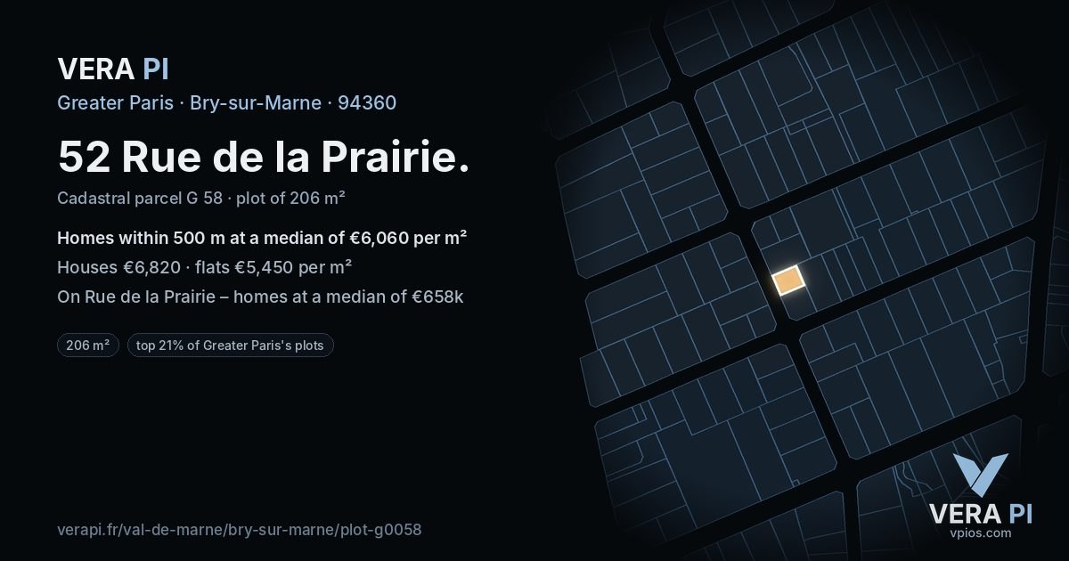 52 Rue de la Prairie, Bry-sur-Marne at night – the plot lit, the parcels around coloured by the prices near them