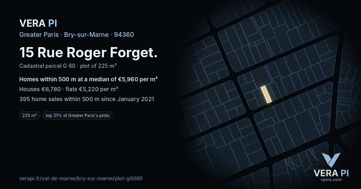15 Rue Roger Forget, Bry-sur-Marne at night – the plot lit, the parcels around coloured by the prices near them