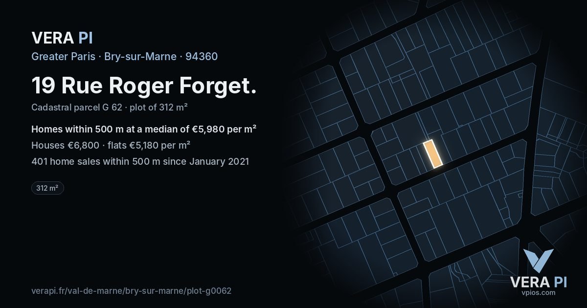 19 Rue Roger Forget, Bry-sur-Marne at night – the plot lit, the parcels around coloured by the prices near them