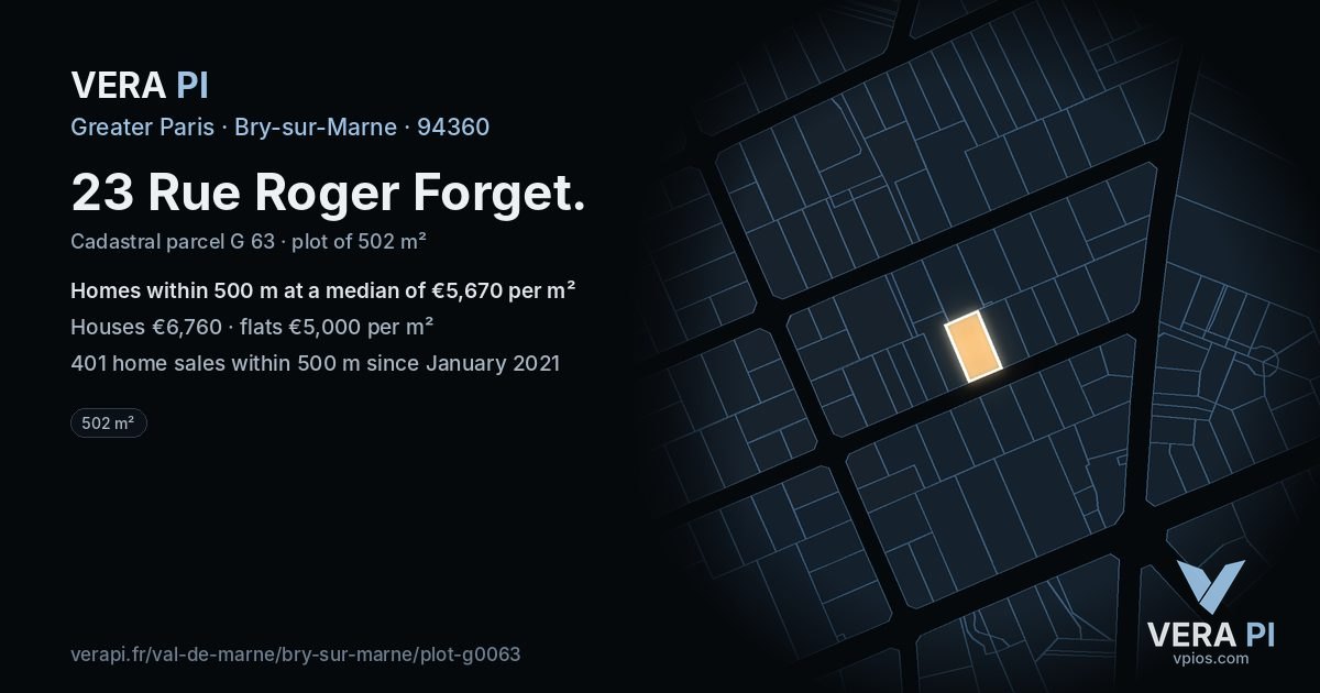 23 Rue Roger Forget, Bry-sur-Marne at night – the plot lit, the parcels around coloured by the prices near them