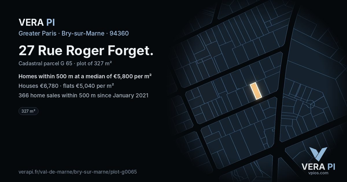 27 Rue Roger Forget, Bry-sur-Marne at night – the plot lit, the parcels around coloured by the prices near them
