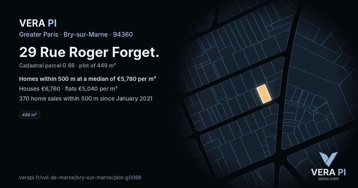 29 Rue Roger Forget, Bry-sur-Marne at night – the plot lit, the parcels around coloured by the prices near them