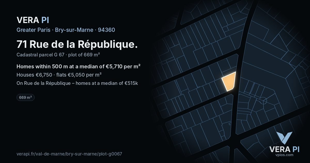 71 Rue de la République, Bry-sur-Marne at night – the plot lit, the parcels around coloured by the prices near them