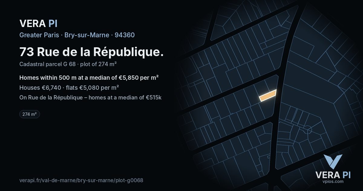 73 Rue de la République, Bry-sur-Marne at night – the plot lit, the parcels around coloured by the prices near them