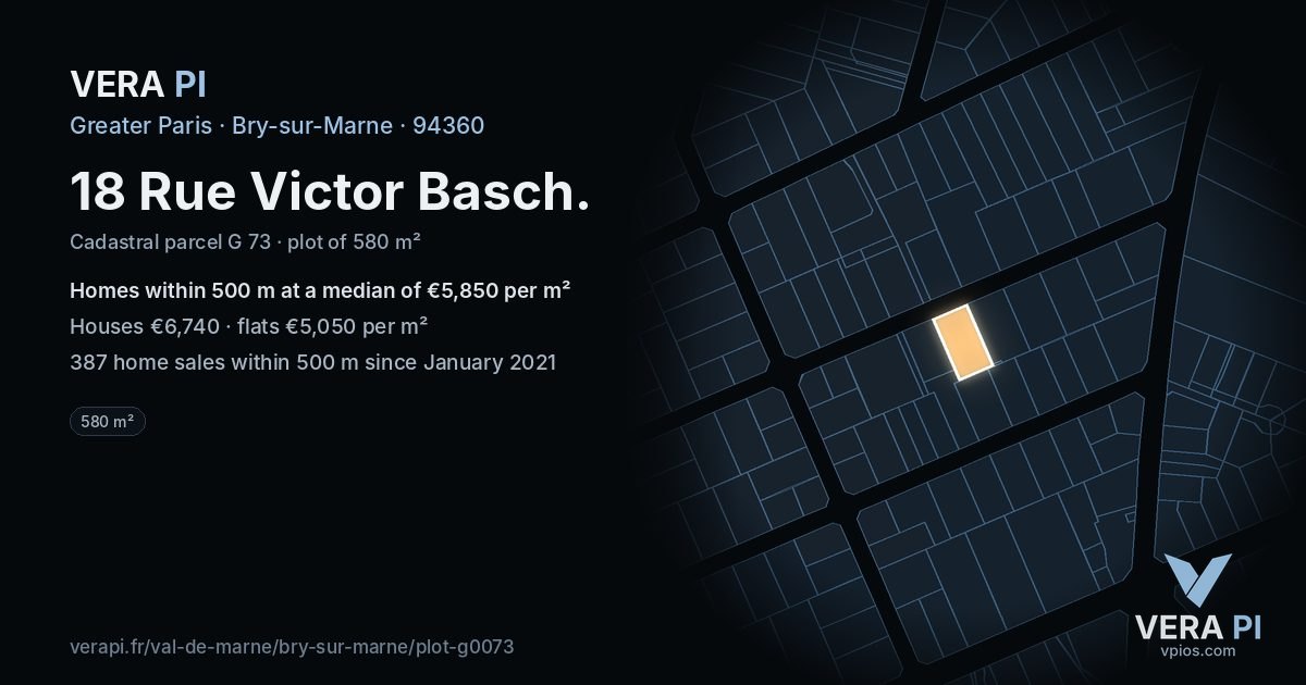 18 Rue Victor Basch, Bry-sur-Marne at night – the plot lit, the parcels around coloured by the prices near them