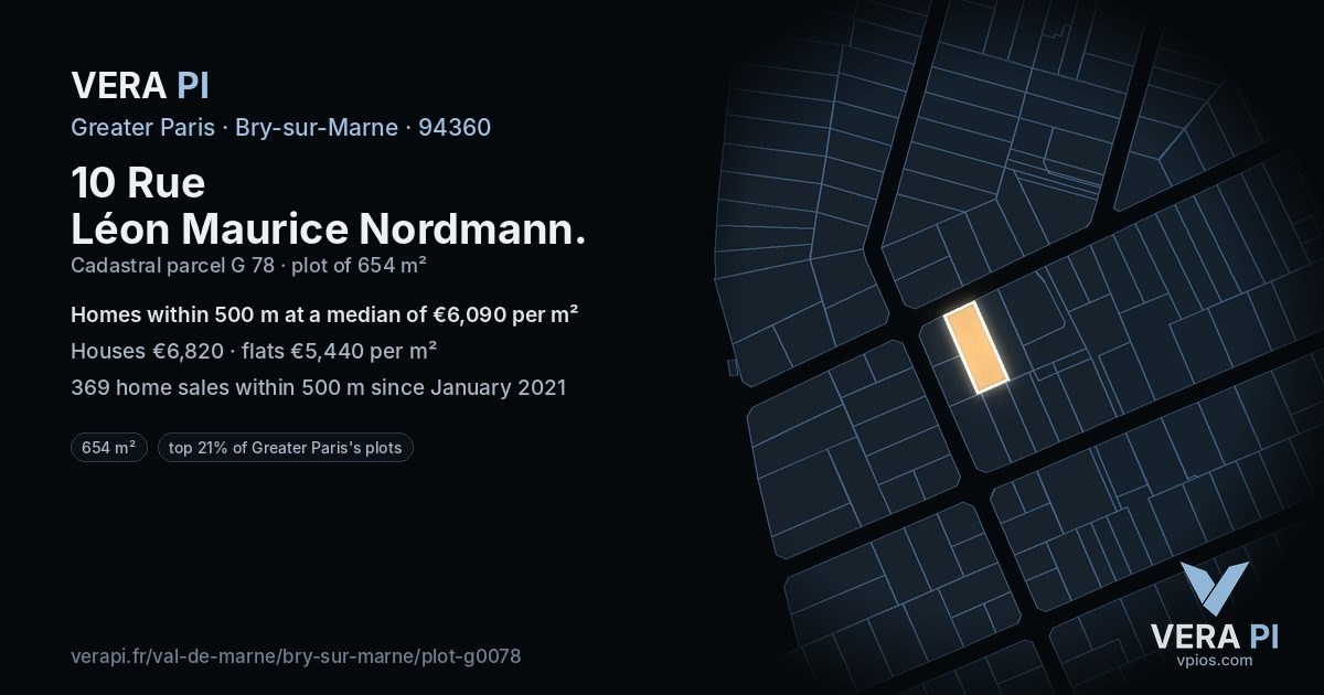 10 Rue Léon Maurice Nordmann, Bry-sur-Marne at night – the plot lit, the parcels around coloured by the prices near them