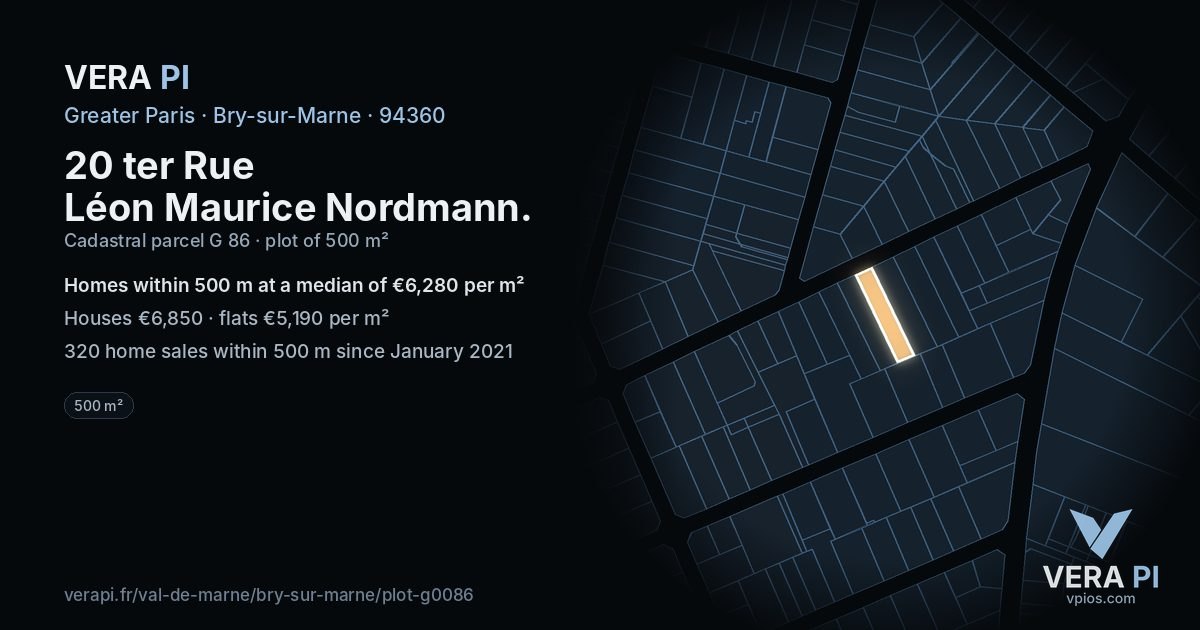 20 ter Rue Léon Maurice Nordmann, Bry-sur-Marne at night – the plot lit, the parcels around coloured by the prices near them