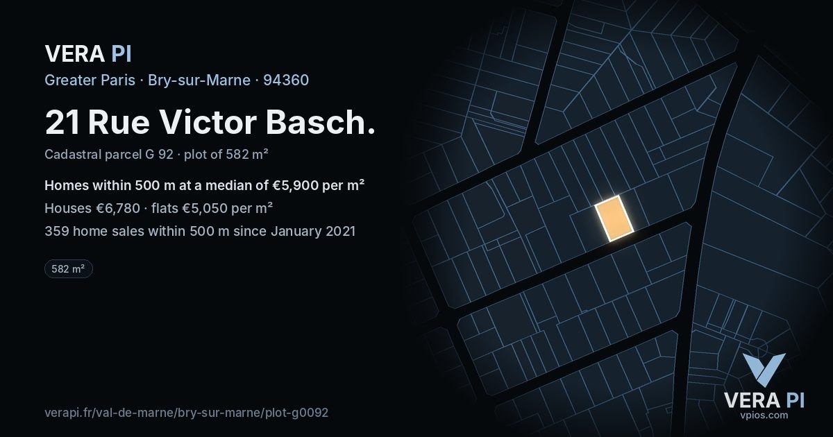 21 Rue Victor Basch, Bry-sur-Marne at night – the plot lit, the parcels around coloured by the prices near them