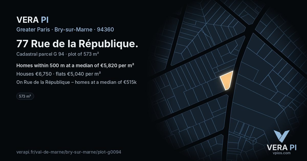 77 Rue de la République, Bry-sur-Marne at night – the plot lit, the parcels around coloured by the prices near them