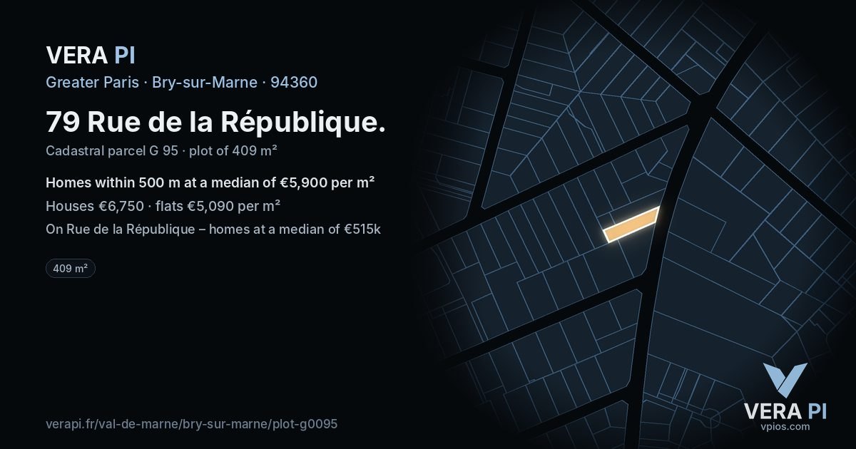 79 Rue de la République, Bry-sur-Marne at night – the plot lit, the parcels around coloured by the prices near them